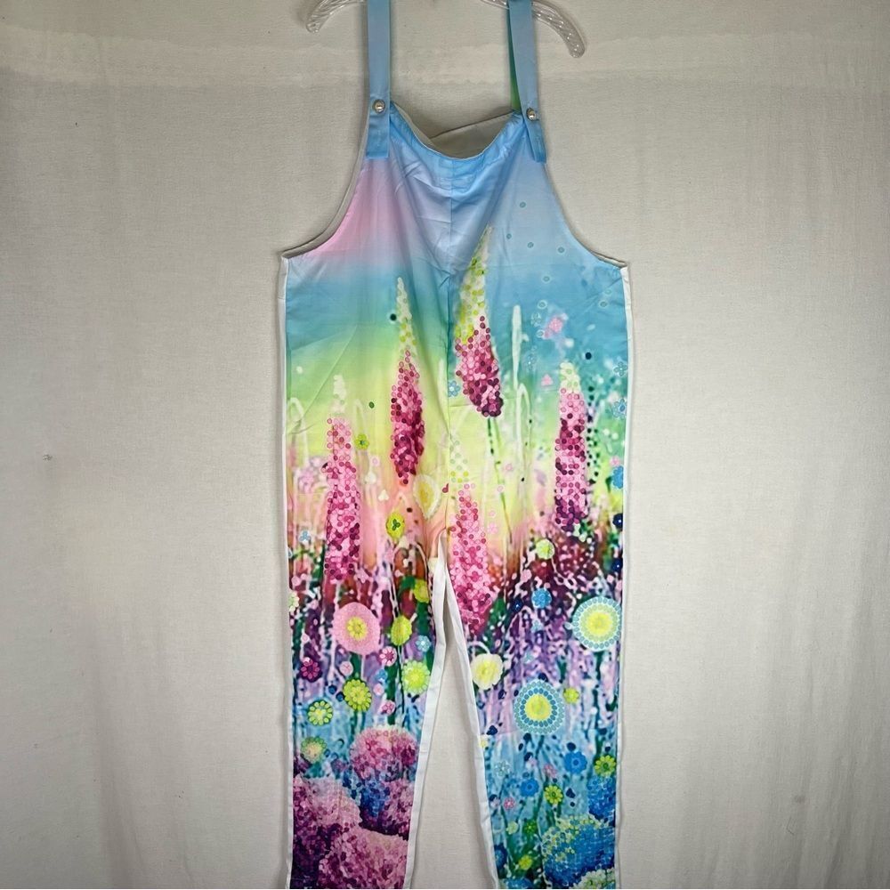Fashion Jumpsuit Overalls Floral Pastel Lightweight Fun Artsy Faux Pearl Button - Picture 3 of 11